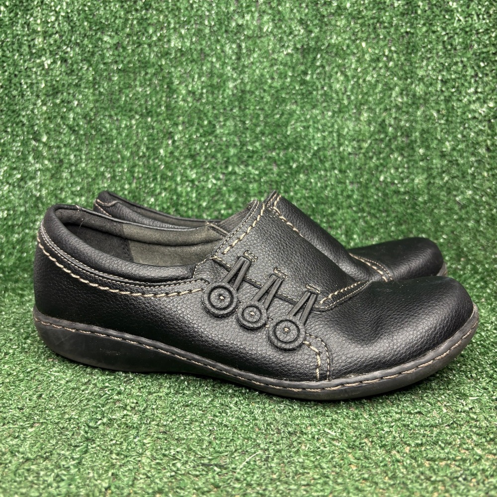 Clarks Ashland Effie Leather Button Detail Comfort Loafer Flat Black Womens 7 M